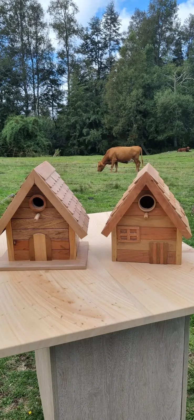Casas de pájaro artesanales en madera nativa con techo a dos aguas, acabado para exteriores